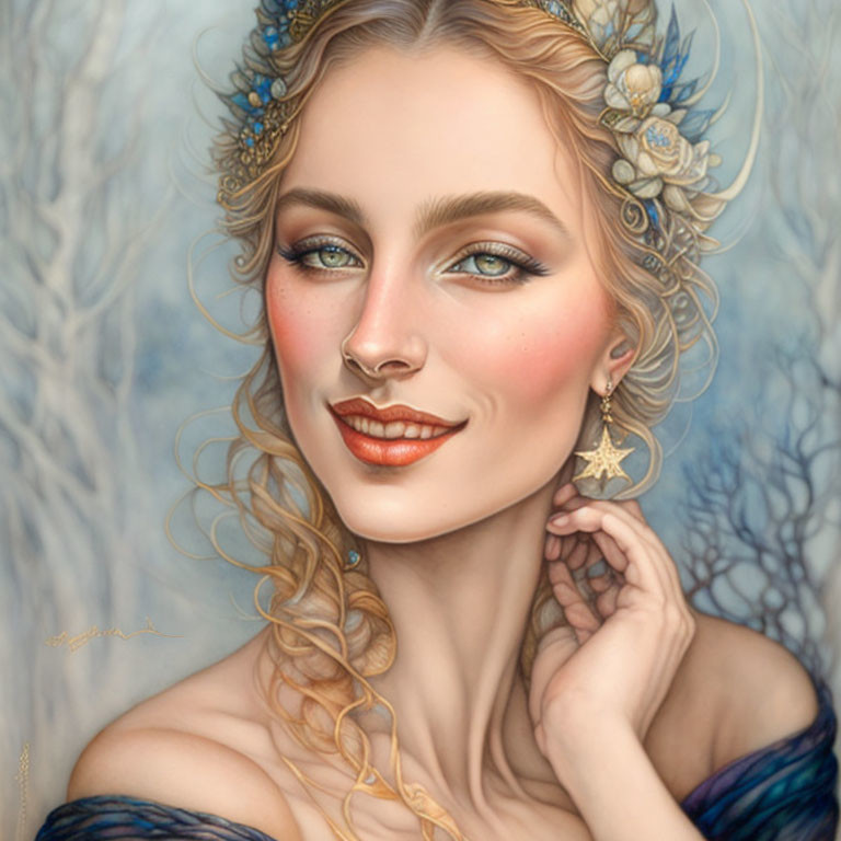 Illustrated portrait of smiling woman with curly hair, blue flowers, and golden jewelry in fantasy woodland.