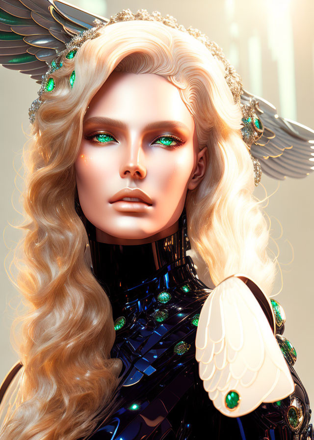 Portrait of woman with emerald eyes, blonde hair, and bird-like wings