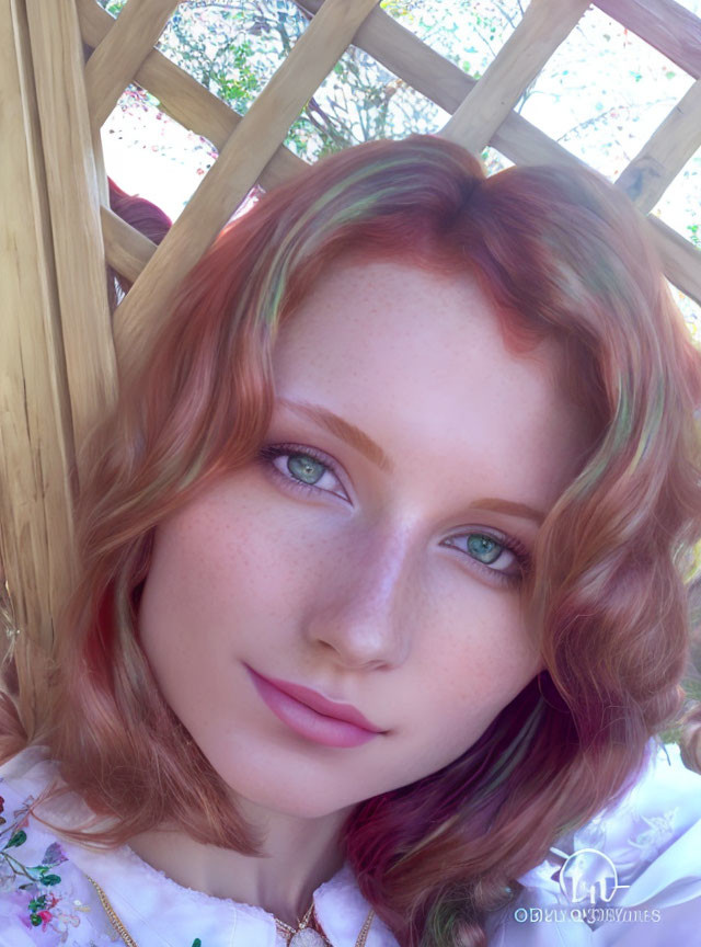 Red-haired woman with green streaks, blue eyes, and floral clothing in digital portrait