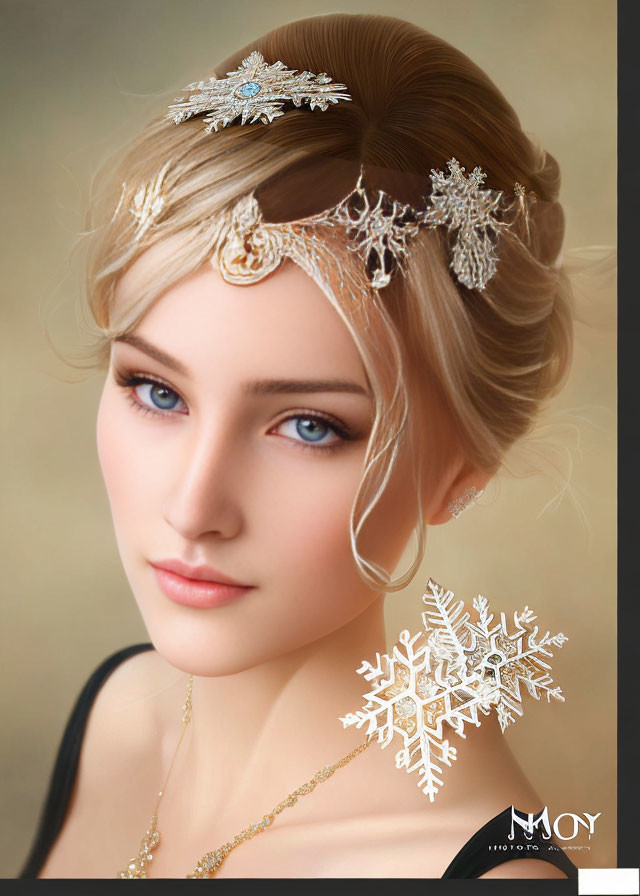 Digital artwork featuring woman with snowflake jewelry in hair, blue eyes, and subtle smile on beige background