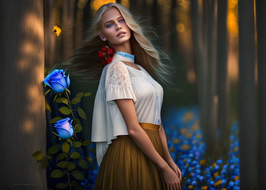 Blonde woman in white blouse and brown skirt near blue flowers in sunlight forest.