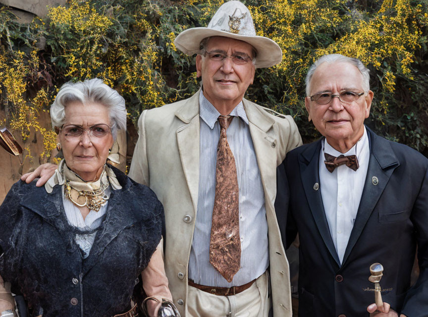 Elderly Trio in Vintage Attire with Yellow Flowers