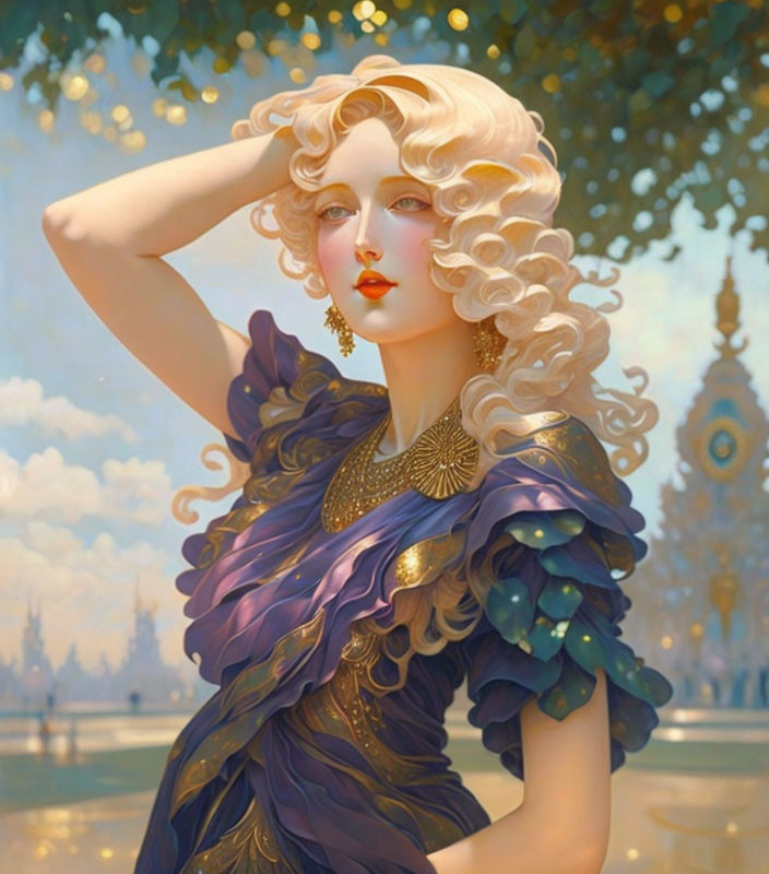 Blonde woman in regal purple dress against ornate background