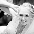 Monochromatic image of woman with blue eyes and floral elements