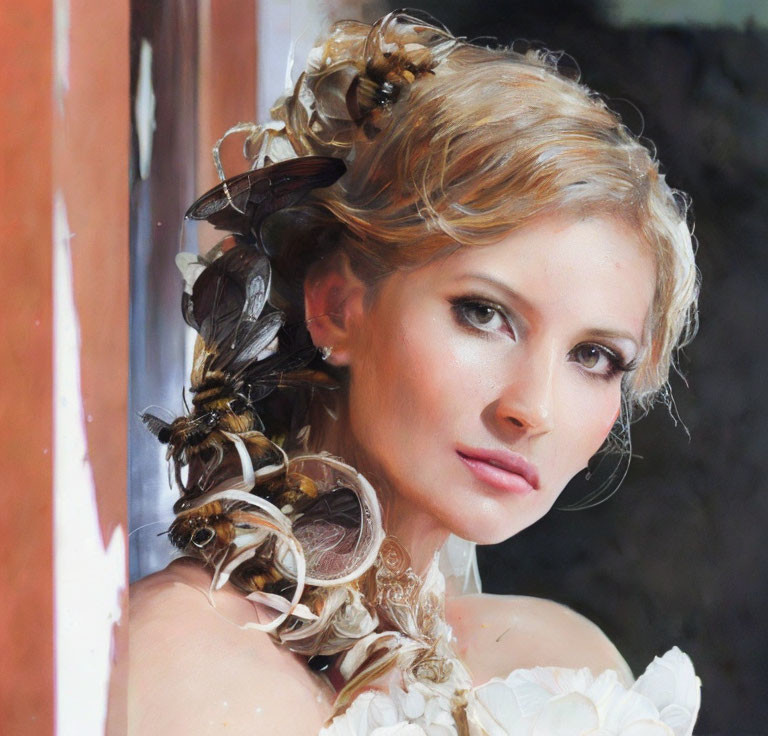 Woman with Unique Insect-Adorned Hairstyle and Butterflies gazes serenely.