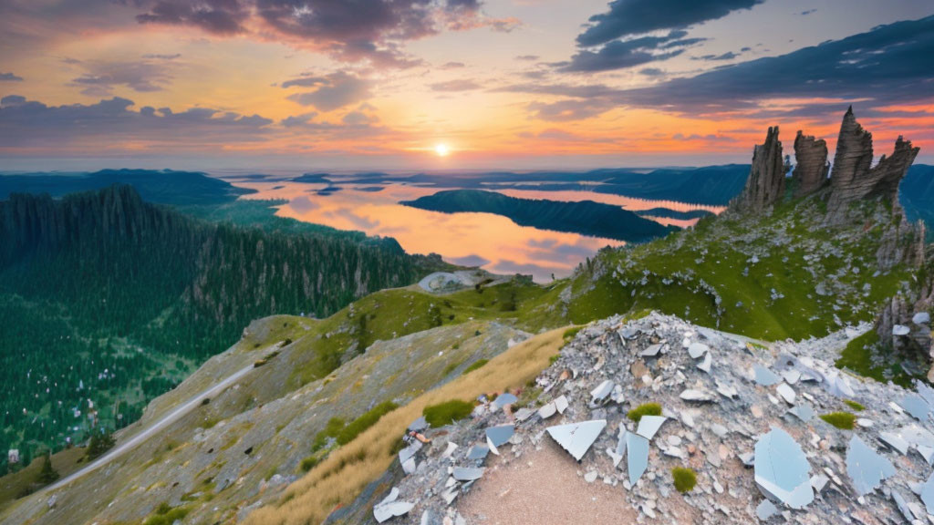 Serene sunset over mountainous landscape with reflective lake