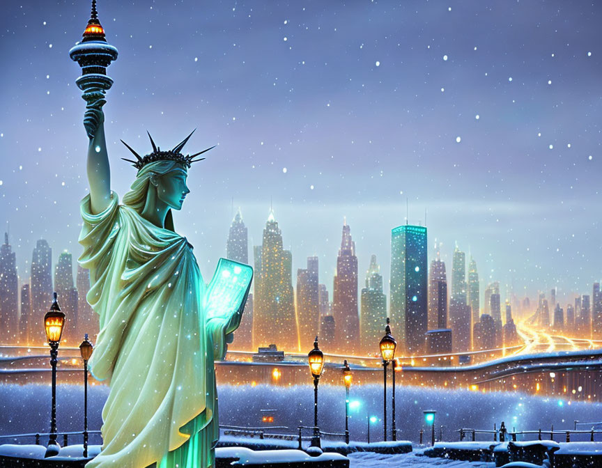 Iconic Statue of Liberty with NYC skyline at night in snowy winter scene