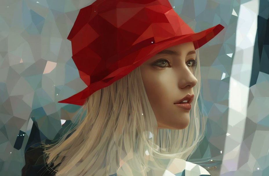 Digital artwork: Woman with pale skin, blonde hair, red geometric hat, low-poly background