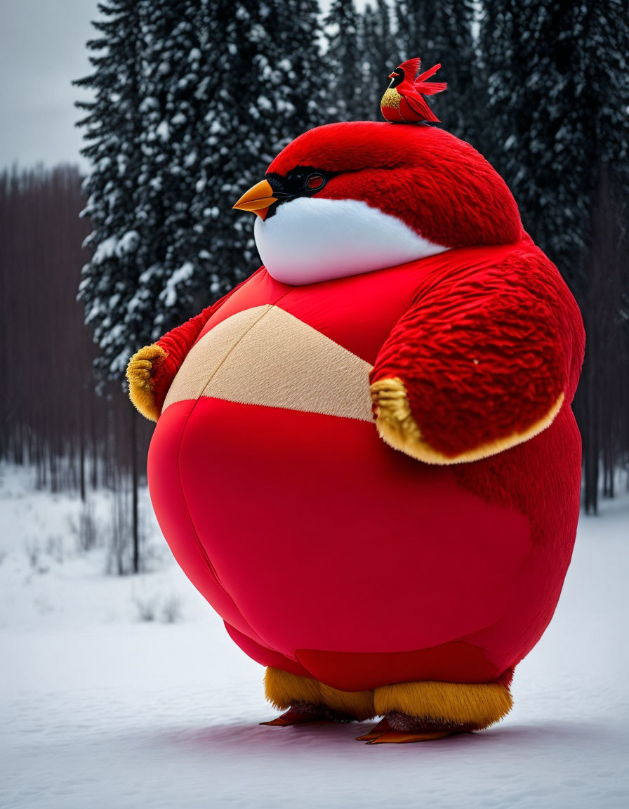 Giant red bird with crown in snowy forest