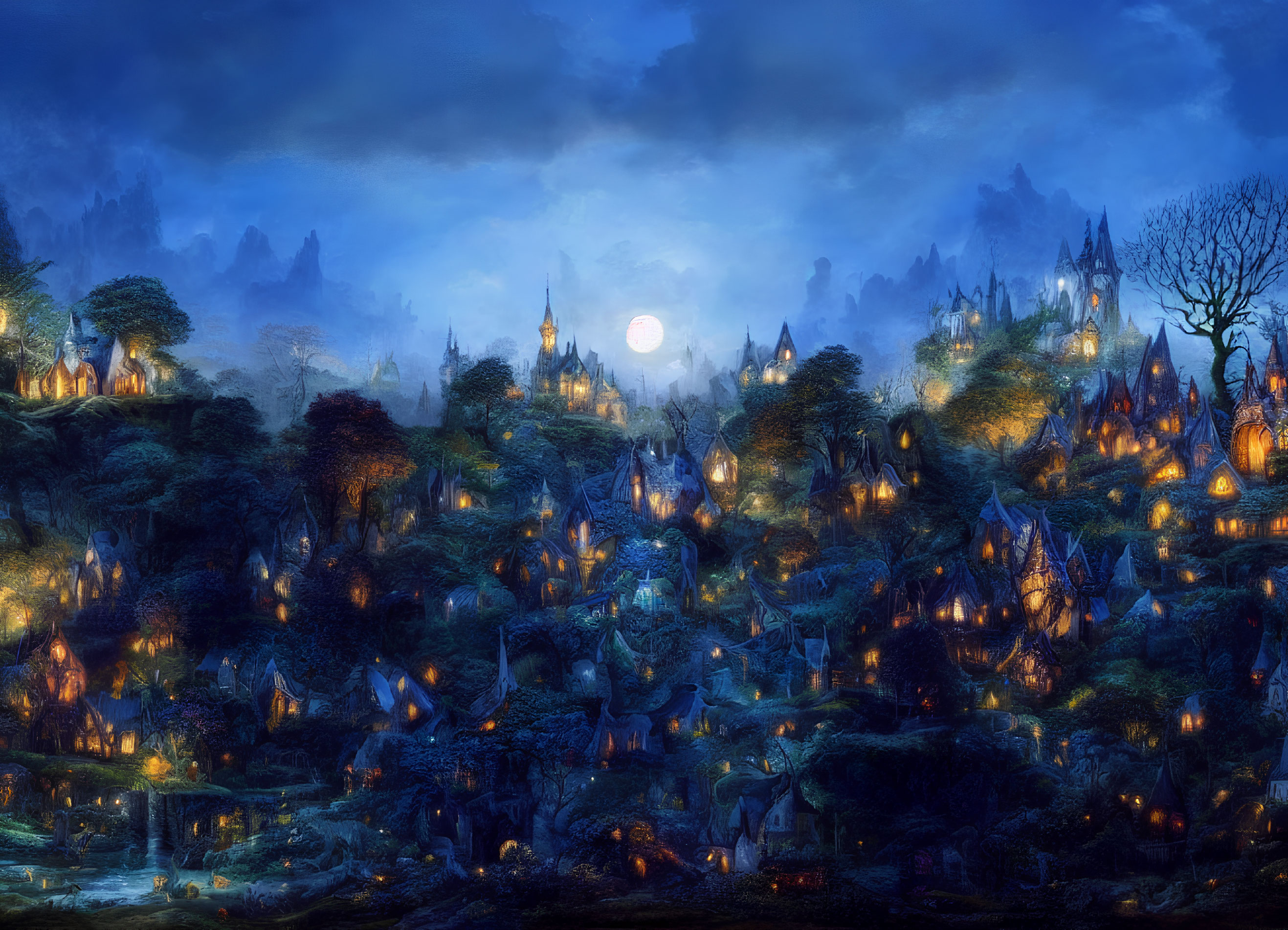 Mystical village in moonlit nocturnal landscape