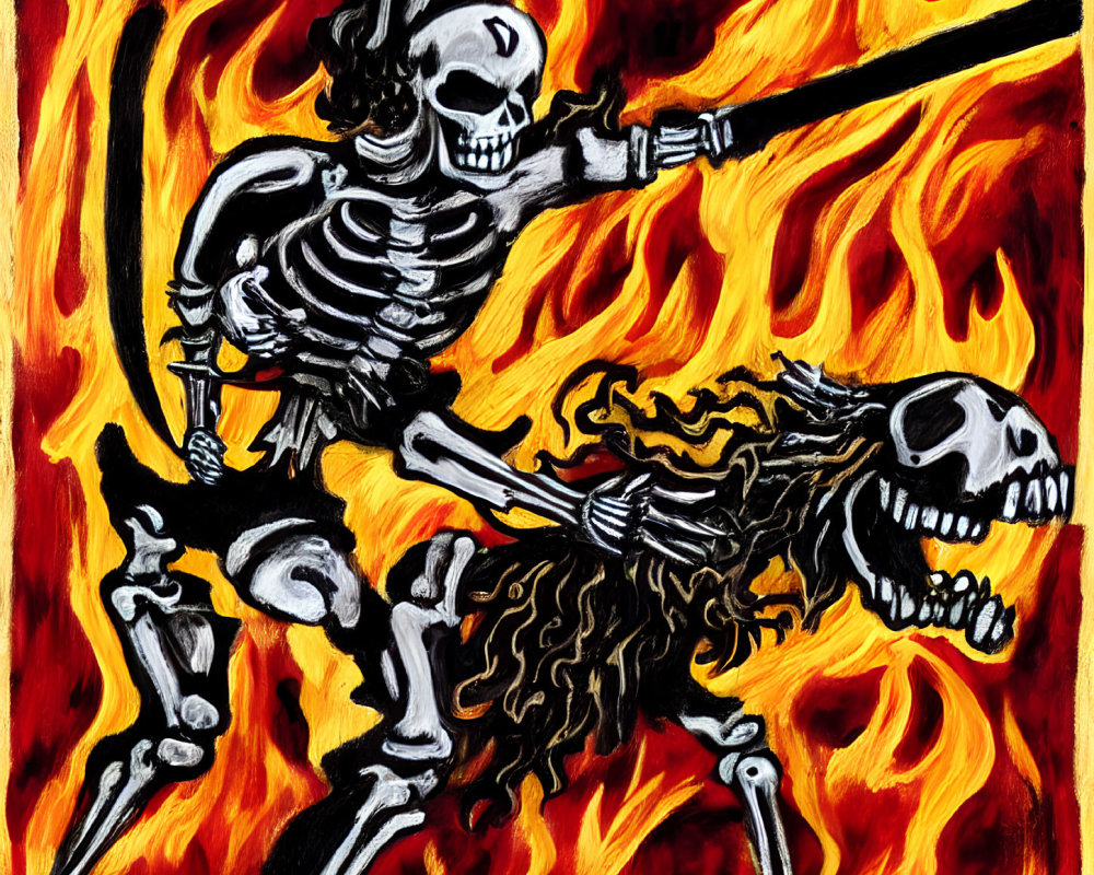 Skeletons in battle surrounded by flames, one standing with sword, one kneeling.