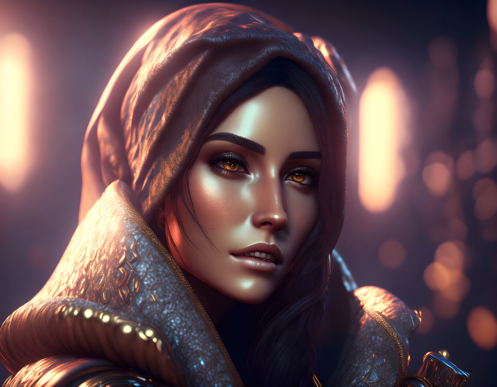 Detailed digital portrait of woman with hood, glowing skin, ornate garment.