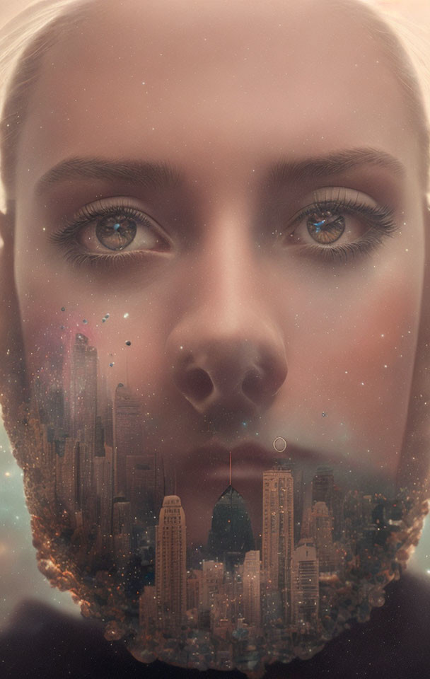 Portrait of woman with cityscape and starscape overlay