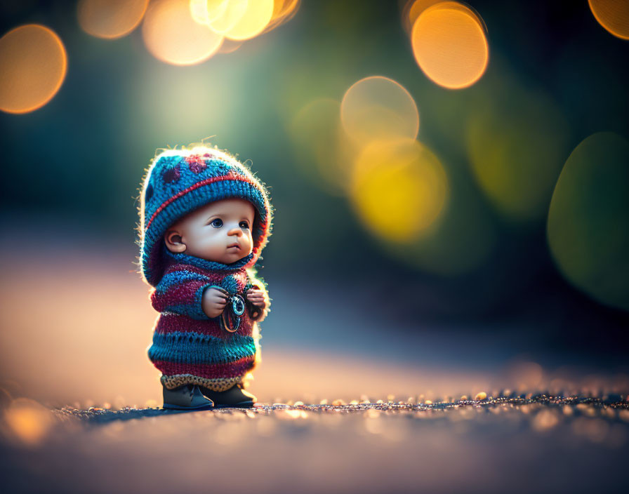 Colorful Knit Hat and Sweater Doll with Golden Lights Background