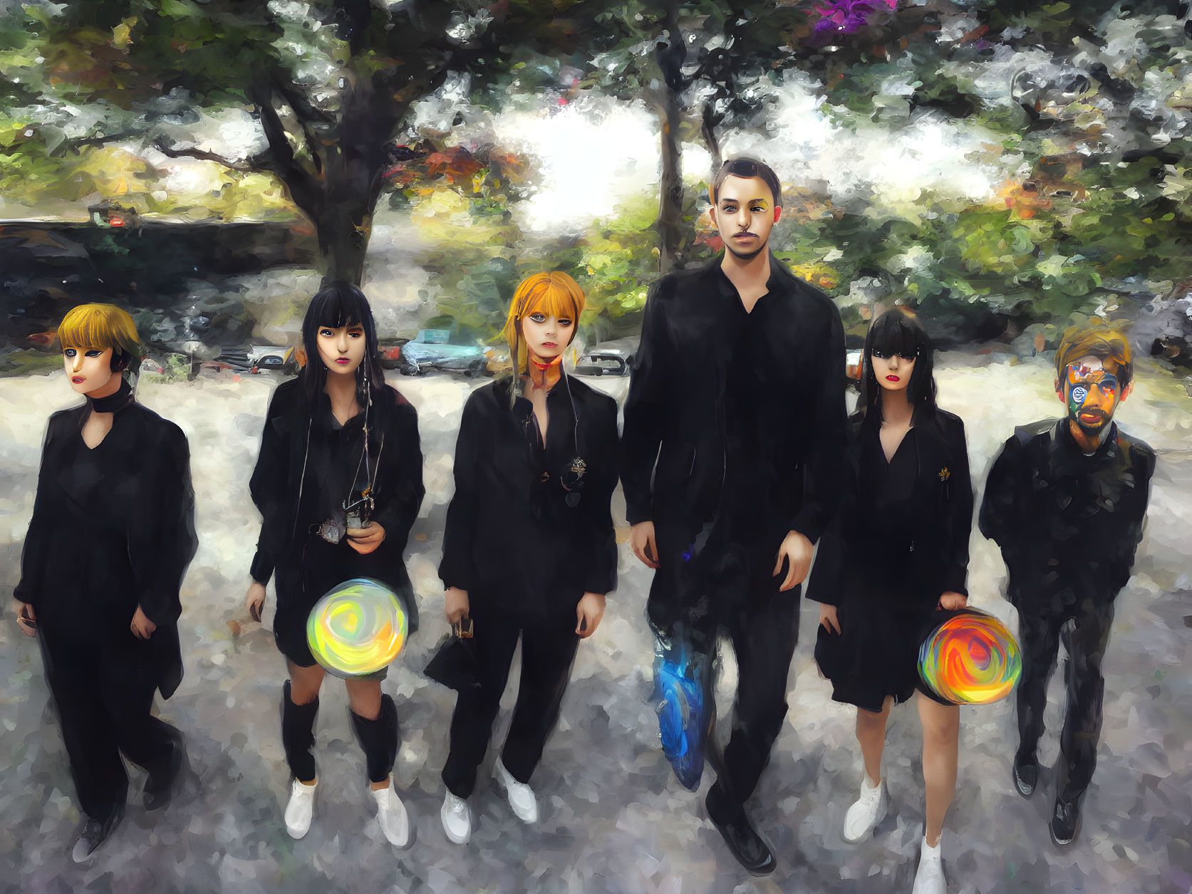 Six stylized individuals with spinning plates in black attire against autumn background