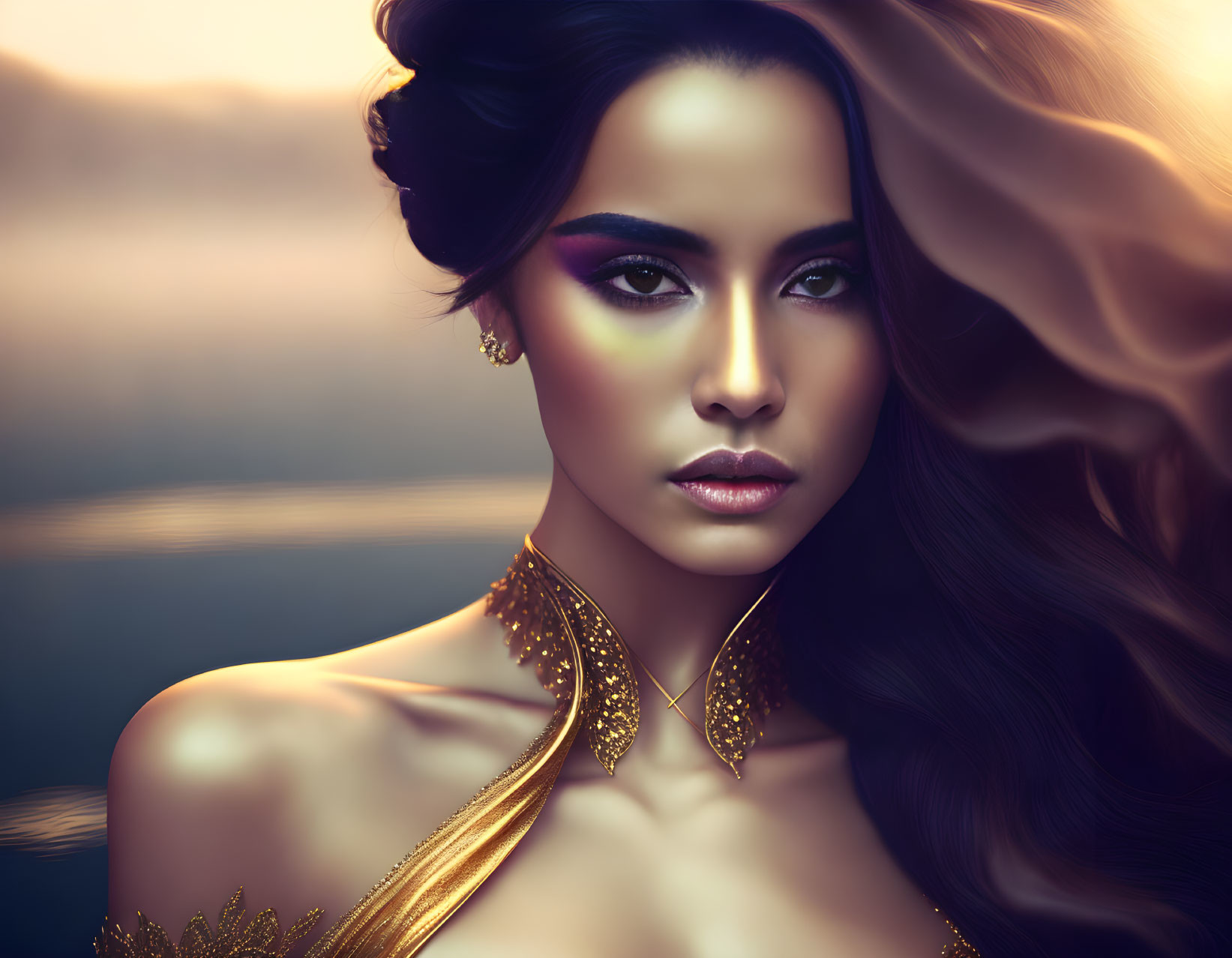 Portrait of woman with flowing hair, dramatic makeup, and golden jewelry on soft background