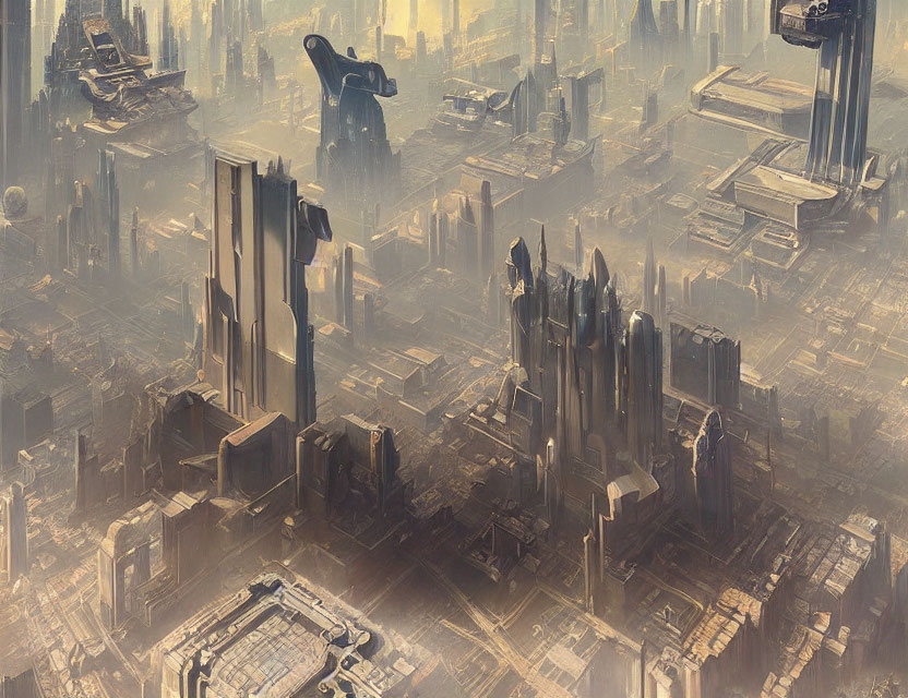 Golden-Lit Futuristic Cityscape with Skyscrapers and Flying Vehicles