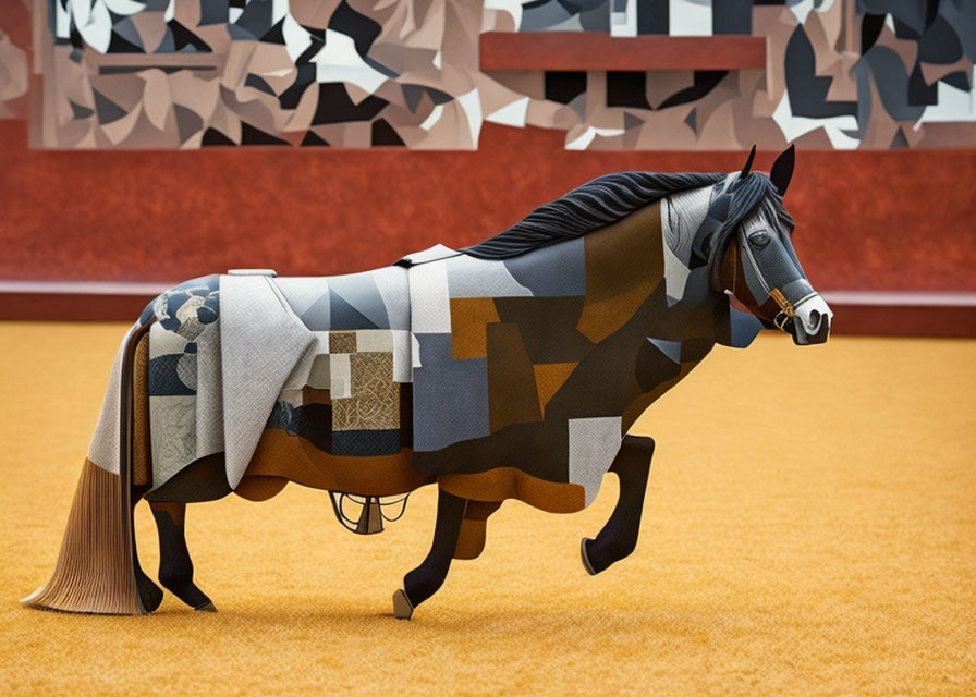 Pixelated horse with blanket in surreal room setting