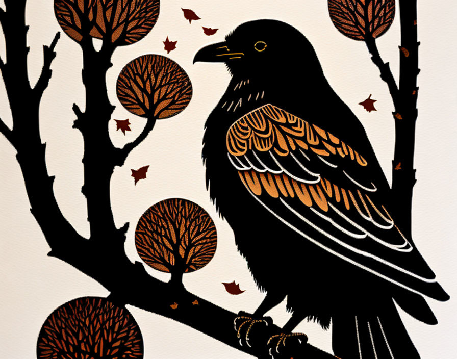 Stylized black raven on branch with orange trees and falling leaves