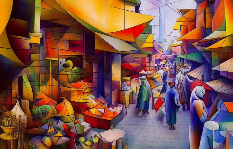 Colorful Cubist-Style Market Painting with Geometric Shapes