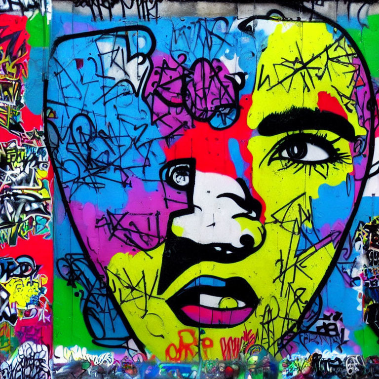 Colorful Face Street Art Mural on Concrete Wall