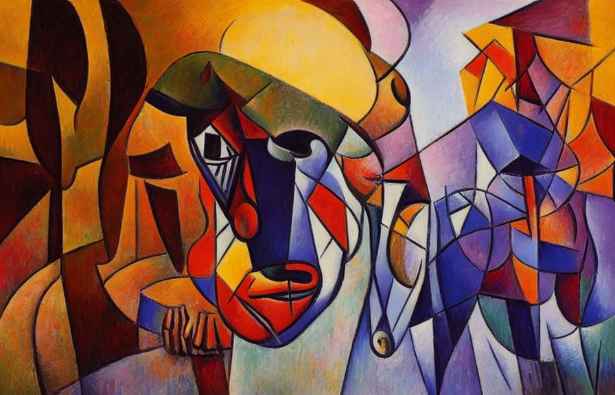 Colorful Cubist Painting of Face and Musical Instruments