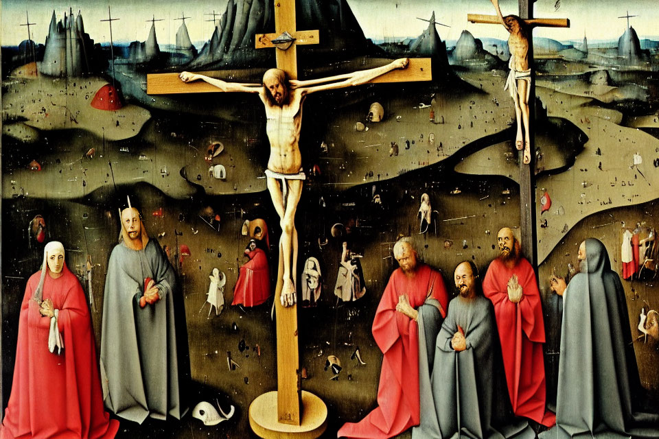 Medieval Crucifixion Painting with Mourners and Saints in Dark Landscape