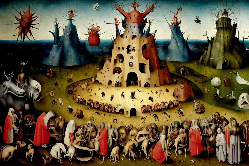 Surreal Bosch-like painting of chaotic medieval scene