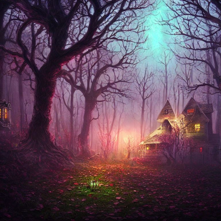 Enchanted forest with twisted trees, mist, glowing lights, and mysterious cottage