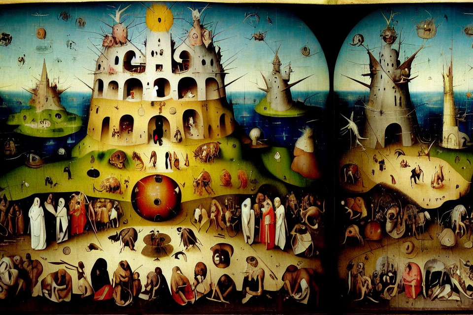 Surreal triptych painting of fantastical structures, creatures, and human figures