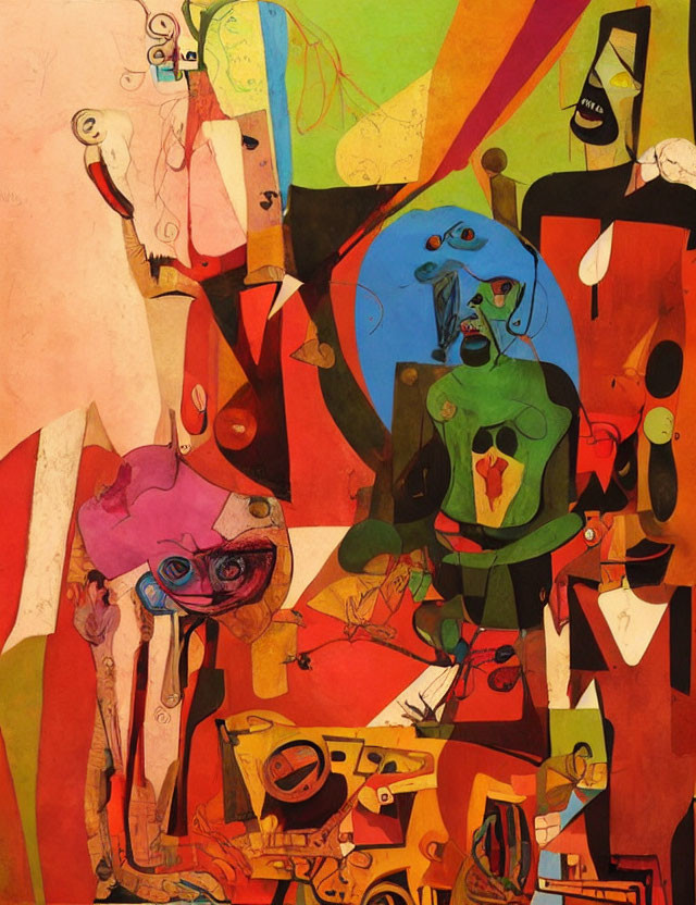 Vibrant Abstract Painting with Geometric Shapes and Whimsical Figures