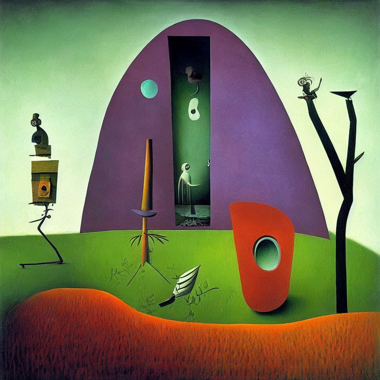 Colorful surreal landscape with geometric shapes, abstract figures, tree, humanoid forms, and bird on green