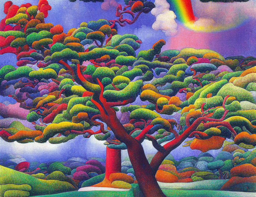 Colorful tree painting under technicolor sky with rainbow