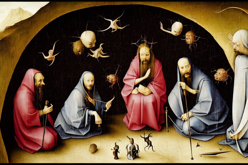 Medieval religious painting with six figures in robes and surreal elements.