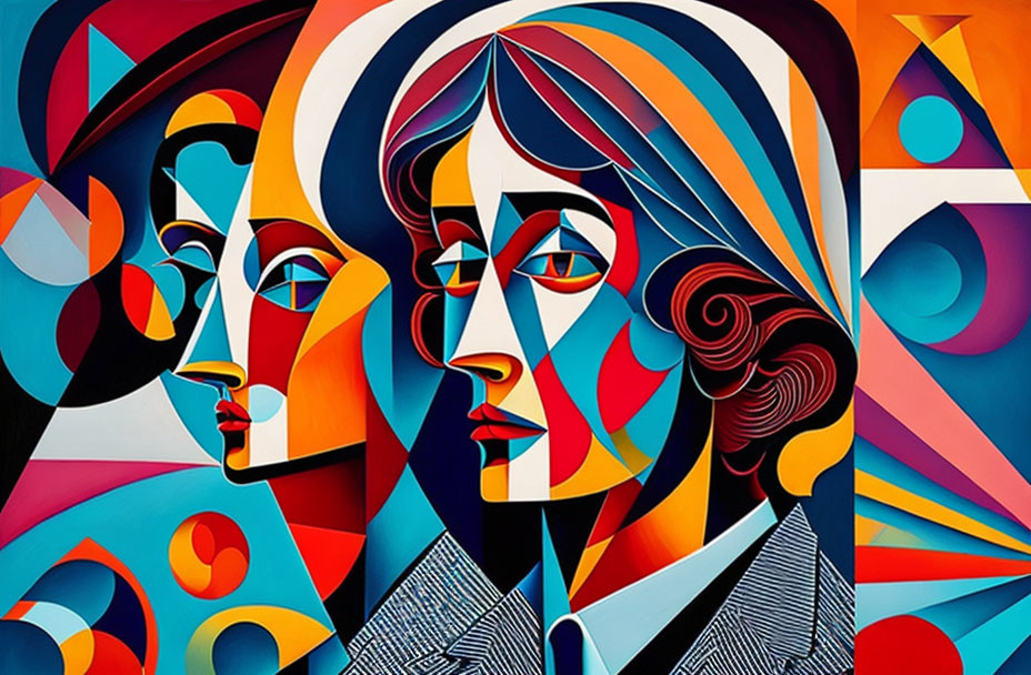 Vibrant geometric abstract art with stylized human faces