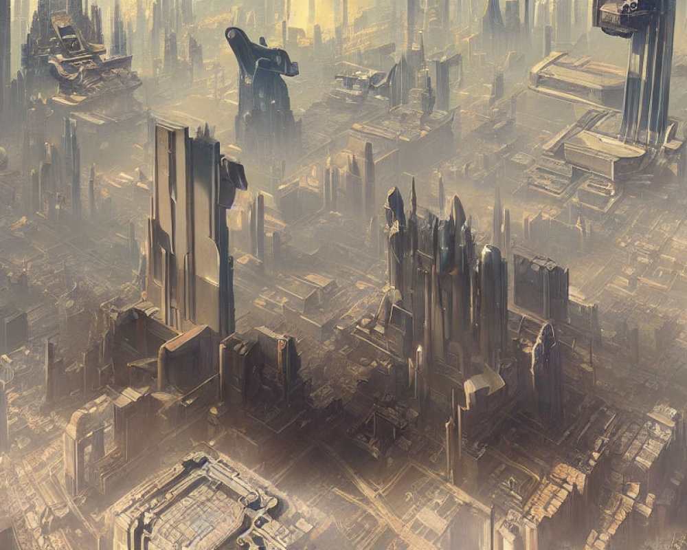 Golden-Lit Futuristic Cityscape with Skyscrapers and Flying Vehicles