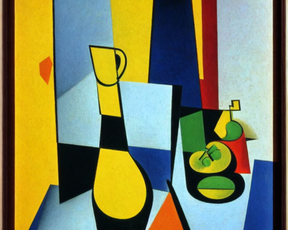 Colorful geometric still life painting with jug, fruit, and bold shapes in red frame