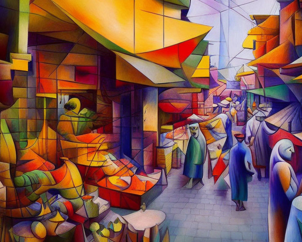 Colorful Cubist-Style Market Painting with Geometric Shapes