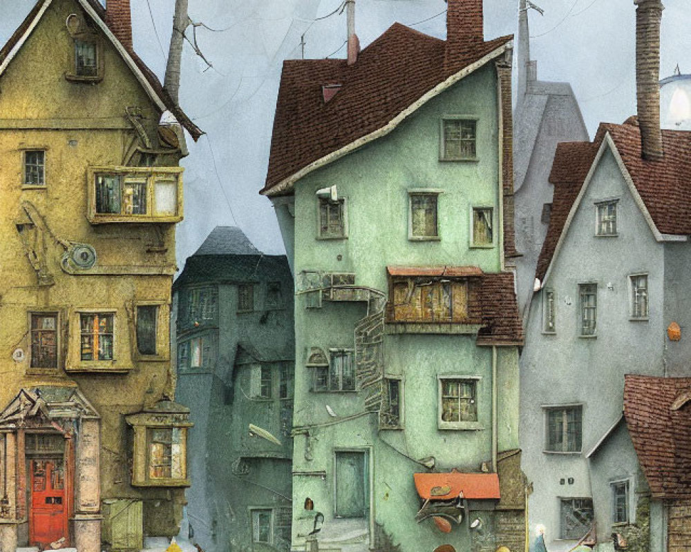 Charming European Street Scene with Old Buildings and Whimsical Characters