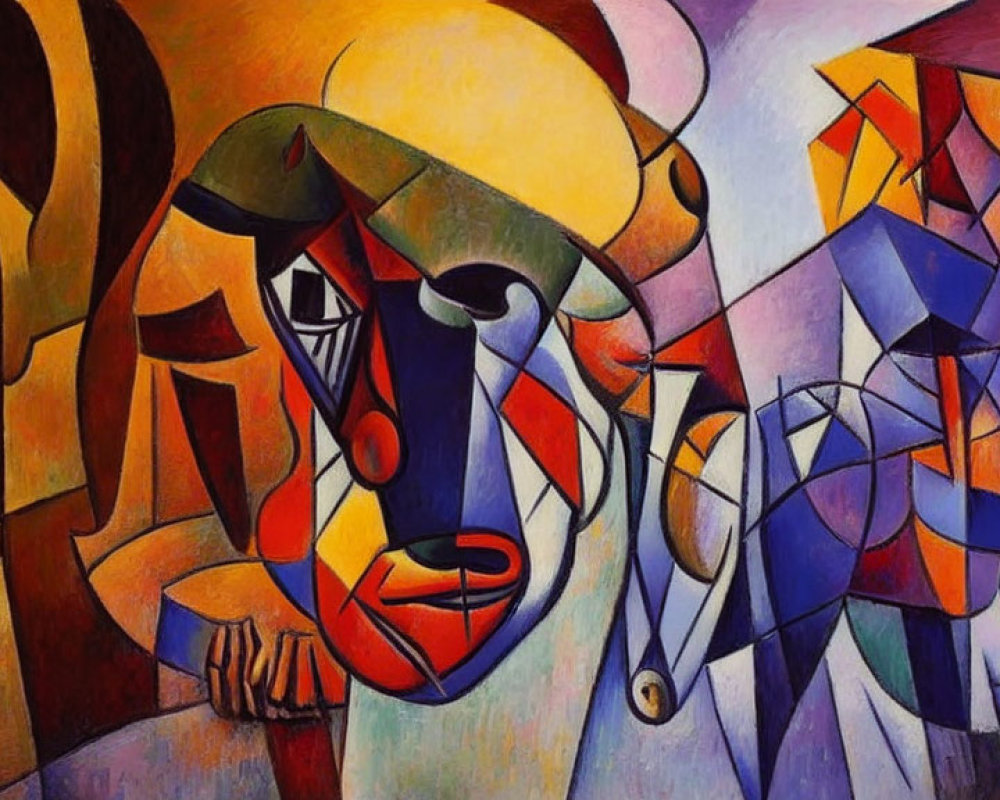 Colorful Cubist Painting of Face and Musical Instruments