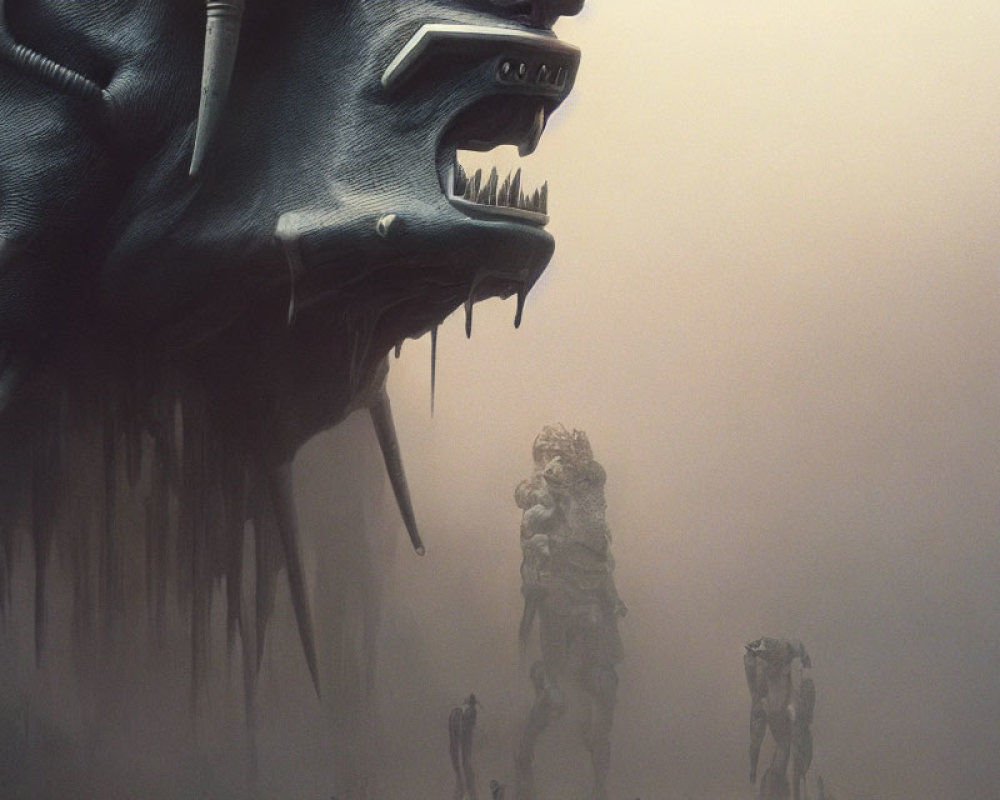 Dystopian artwork with humanoid figures and ominous face in fog