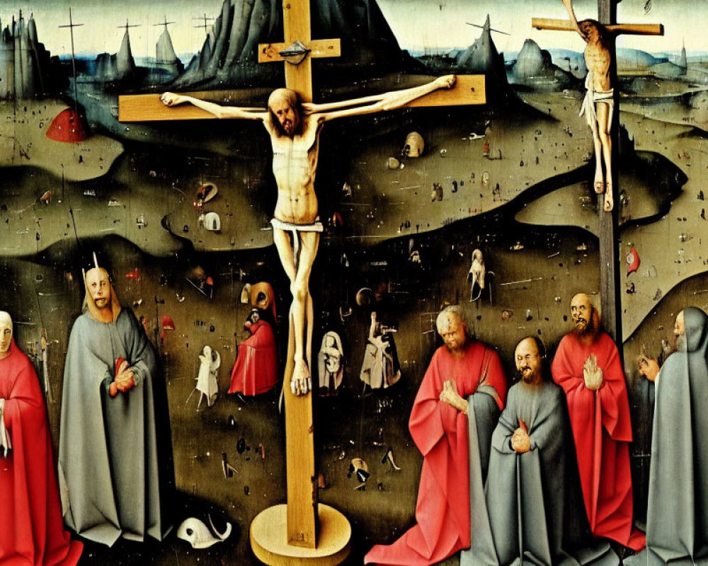 Medieval Crucifixion Painting with Mourners and Saints in Dark Landscape