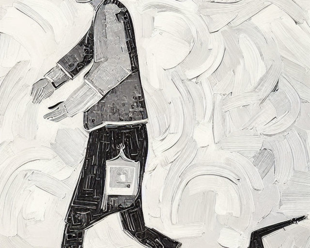 Monochromatic cubist painting of a person with a briefcase