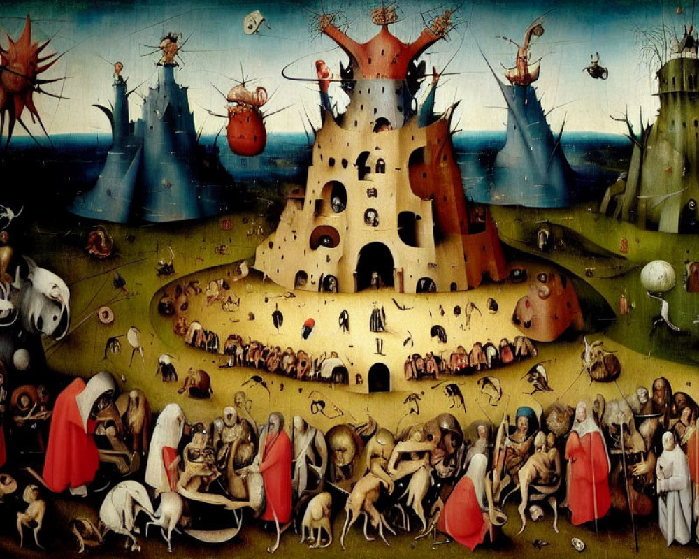 Surreal Bosch-like painting of chaotic medieval scene