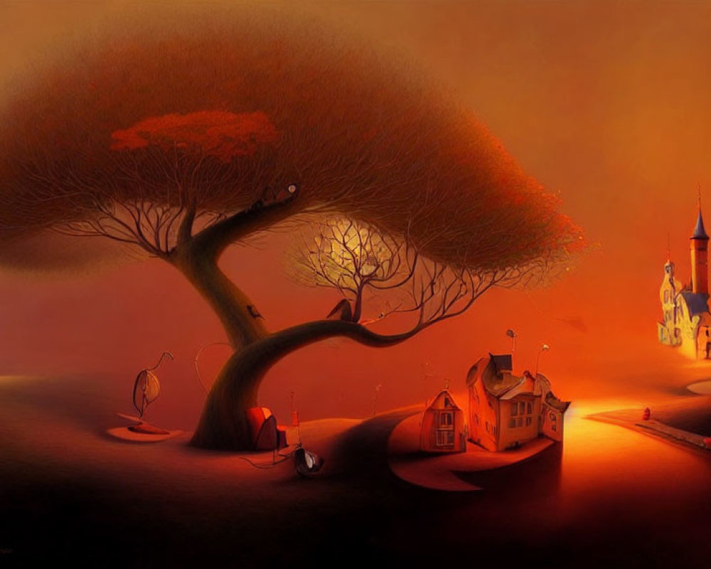 Whimsical autumn landscape with surreal proportions and figure walking towards buildings