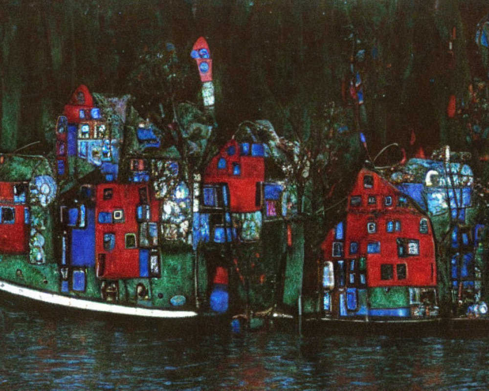 Colorful Night Scene with Red Houses, Gondola, and Lights on Water