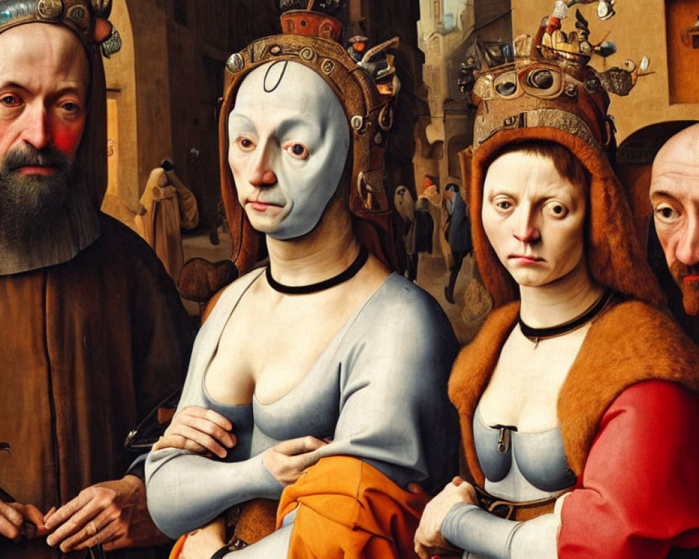 Four Fish-Faced Figures in Surreal Renaissance Style