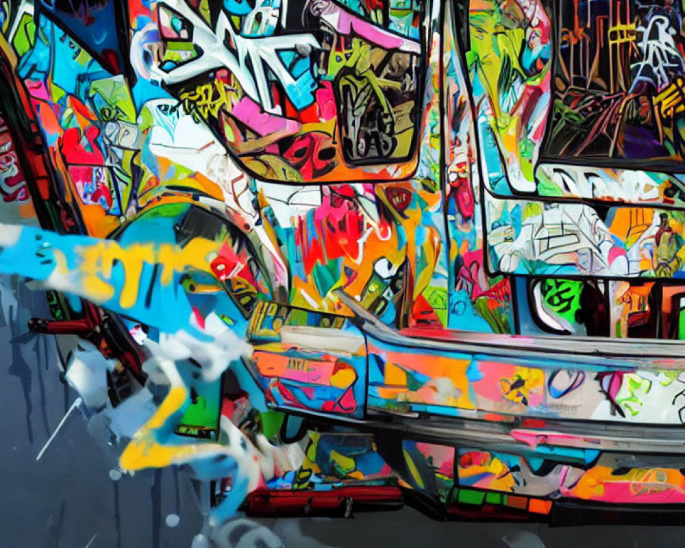 Vibrant graffiti art on train car with colorful splashes and tag-style lettering