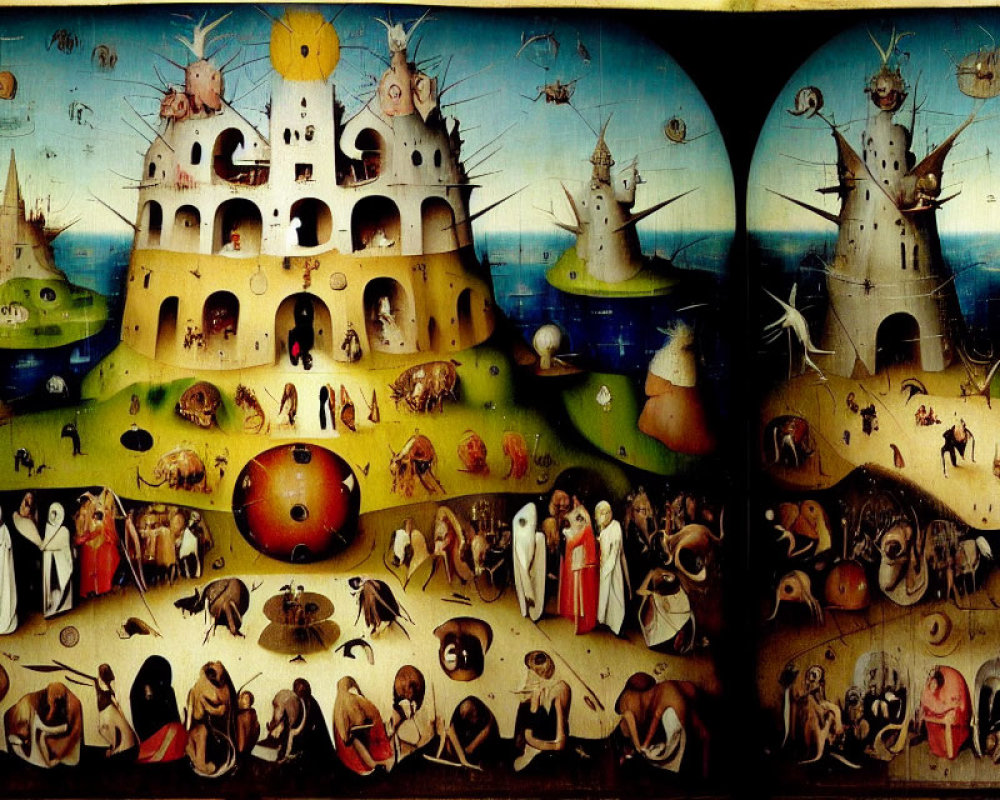 Surreal triptych painting of fantastical structures, creatures, and human figures