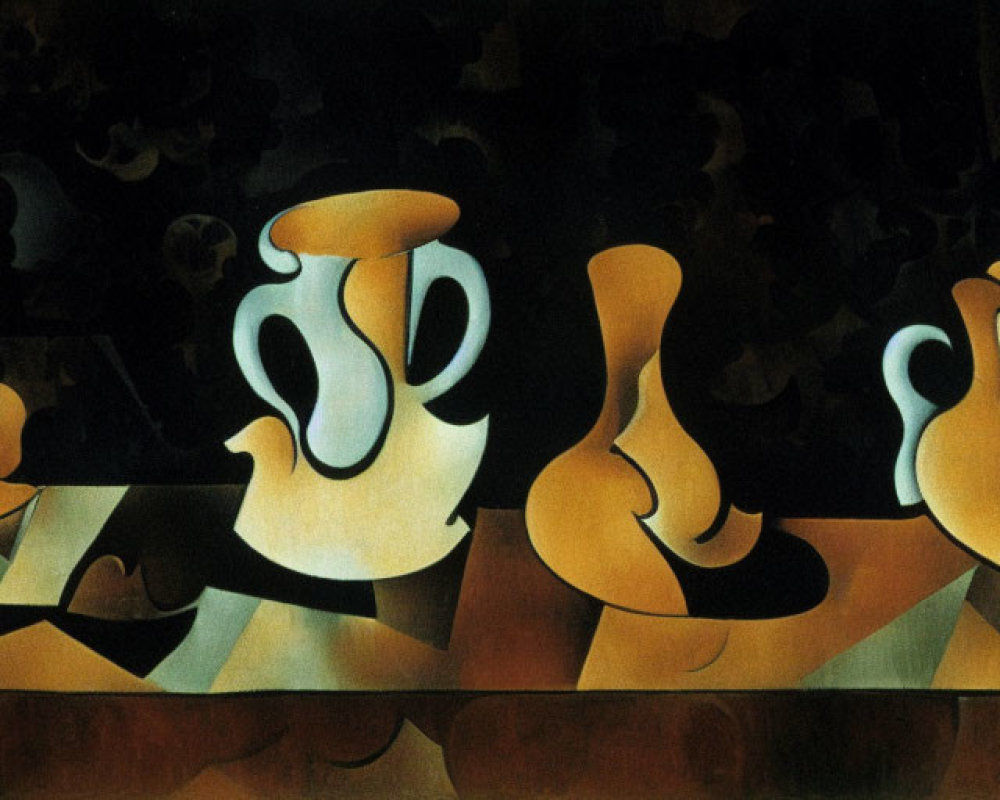 Abstract painting of distorted shapes and figures in brown, tan, and white.